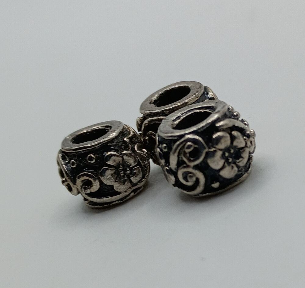 3 Silver-Tone Floral Scroll European-Style Beads
